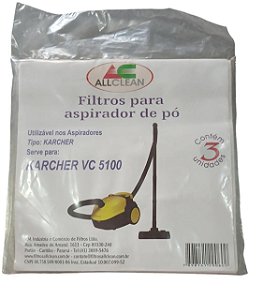 SACO DESCARTÁVEL PARA ASPIRADOR DE PÓ KARCHER VC 5100  Contém 3 unidades