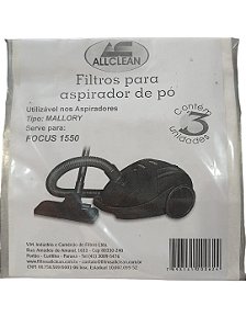 SACO DESCARTÁVEL PARA ASPIRADOR DE PÓ MALLORY FOCUS 1550 * Contém 3 unidades