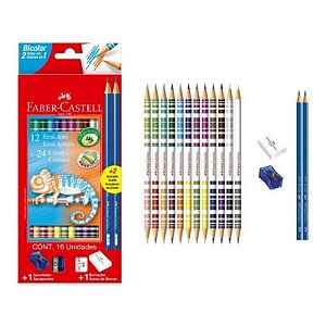 Lápis de Cor Bicolor 12 Cores + 2 Lápis + Borracha e Apontador Faber-Castell