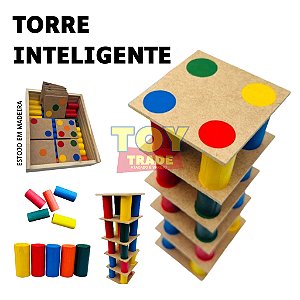 Jogo Torre Inteligente 63pçs Colorido Madeira Associação de Cores Educativo Pedagogico