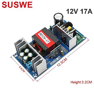 AC-DC Step Down Transformador, comutação do módulo de alimentação, sobretensão, sobrecorrente, proteção contra curto-circuito, 204W, 12V, 17A