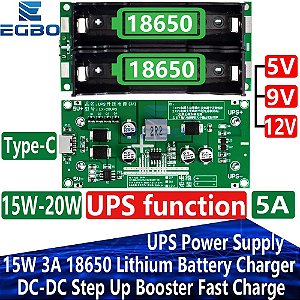 Módulo Carregador de Bateria de Lítio, Tipo-C, 15W, 3A, 18650, Step Up Booster, Carregamento Rápido, UPS, Fonte de Alimentação, Conversor, 5V, 9V, 12V