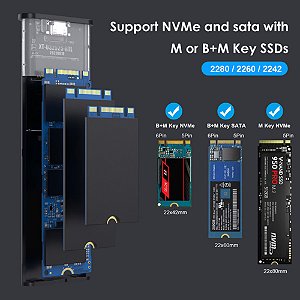 Gabinete SSD M.2 NVMe/SATA – USB Tipo-C 3.1, 10Gbps, Compatível com SSDs NVMe PCIe e NGFF SATA, Adaptador Externo com Protocolo Duplo