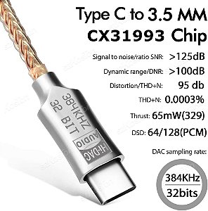 Adaptador HiFi USB Tipo-C para P2 (3,5mm) CX31993 – DAC Amplificador de Fone com Decodificador de Áudio 32bit/384kHz para Celulares e IEMs