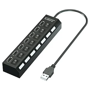 Hub USB 7 Portas – Divisor Multi USB com Adaptador de Energia e Interruptor Liga/Desliga, Expansor p/ PC, Notebook e MacBook