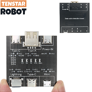 Placa Testadora de Cabos DT3 – Ferramenta de Diagnóstico p/ Tipo-C, Micro USB, iOS e Android, Detecção de Curto-Circuito e Liga/Desliga