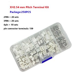 Kit de Conectores JST XH 2.54mm – 250 Peças, 2P/3P/4P, Terminal, Habitação e Pino para Fios