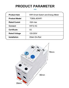 Disjuntor Inteligente Wi-Fi TOMZN Tuya 1–63A 1P/2P com Medidor de Energia e Proteções Integradas (L+N)