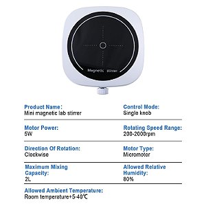Mini Agitador Magnético de Laboratório com Placa e 2 Barras, Velocidade Ajustável 200–2000?rpm, Capacidade 2000?ml