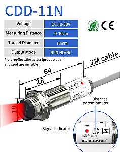 Sensor Fotoelétrico Infravermelho Gtric CDD-11N, Reflexão Difusa, NPN/PNP, 10-30VDC, Detecção Óptica de Proximidade