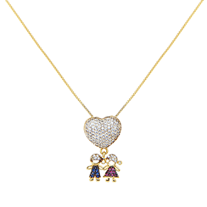 Colar com pingente irmãos folheado a ouro e com zircônias, 50cm