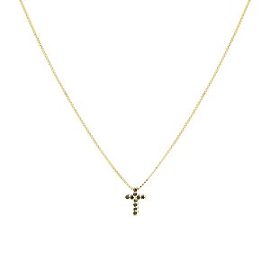 Gargantilha folheada a ouro com cruz cravejada de zircônias pretas, 42cm