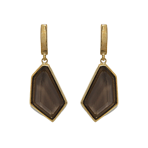 Brinco pedras naturais quartzo fumê facetado folheado a Ouro 18k