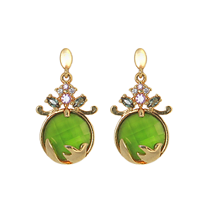 Brinco pedra verde redonda e zircônias coloridas folheado a Ouro 18k