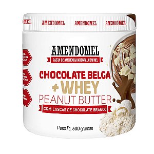 Pasta de Amendoim Amendomel Chocolate Belga + Whey com Lascas de Chocolate Branco