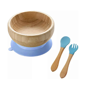 Jogo Kids bowl com ventosa de bambu, garfo e colher de silicone - Azul