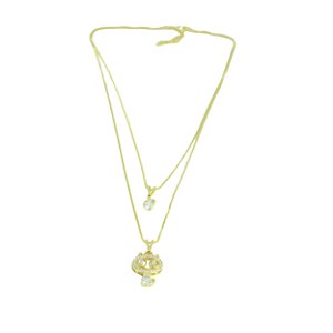 Colar Duplo com Pingente de Gatinho e Coração Folheado Dourado 18580