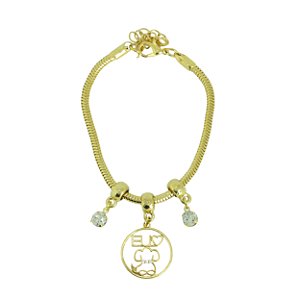 Pulseira com 3 Berloque 2 Pedras e 1 Plaquinha Eu Amo Dog Folhado Dourado 18585