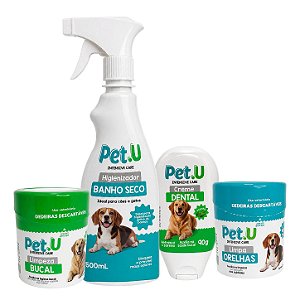 Kit Banho a Seco + Dedal para Higiene Bucal e Orelhas + Creme Dental Pet.U
