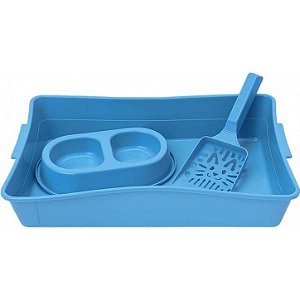Kit Gato Caixinha de Areia + Pazinha + Comedouro Duplo para Gatos Bandeja Azul 40x27x7cm