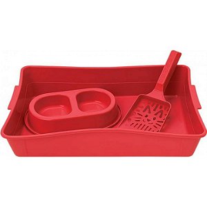Kit Gato Caixinha de Areia + Pazinha + Comedouro Duplo para Gatos Bandeja Vermelha 40x27x7cm