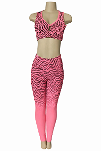Conjunto Fitness Feminino Zebra Rosa – 3 Peças (Top + Calça + Shorts)