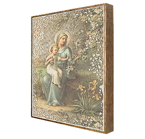 Quadro em linho misto Nossa Senhora e menino Jesus