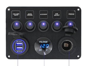 Painel eletrônico para barcos 5 funções + 2 USB + Tomada acendedor + voltímetro