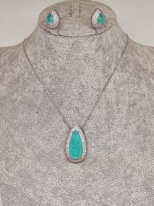 Conjunto gota fusion cor turmalina paraíba banho em ródio branco