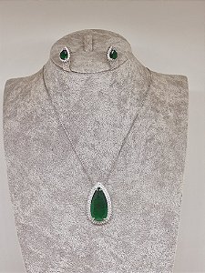Conjunto gota pedra cristal verde esmeralda banho em ródio branco