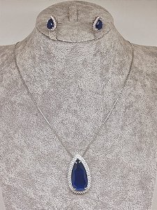 Conjunto gota cristal safira banho em ródio branco