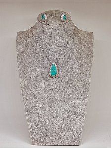 Conjunto gota Cristal cor accua banho em ródio branco
