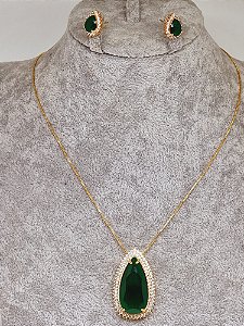 Conjunto gota Cristal cor esmeralda banho em ouro amarelo 18k