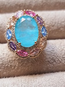 Anel cristal turmalina paraíba multicolor banho ouro amarelo 18k