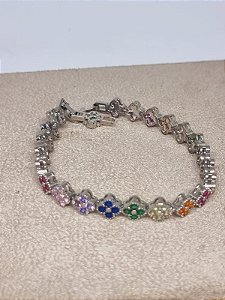 Pulseira Flor Riviera Multicolor cravejado Cristal banho ródio Branco