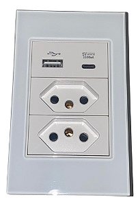 Interruptor Painel Vidro Luxo 2 Tomadas Entrada Tipo C +usb