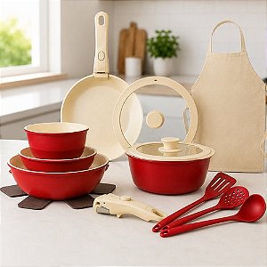 Jogo com 15 peças com Panelas tampas e Utensílios - Vermelho