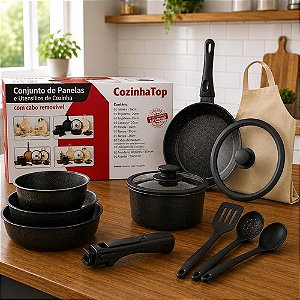 Jogo com 15 peças com Panelas tampas e Utensílios - Preto