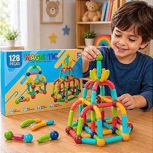 Bloco de Montar Magnético Infantil 128 Peças Coloridas