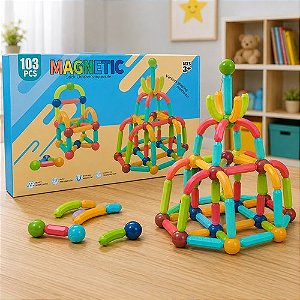 Conjunto Bloco de Montar Magnético Infantil 103 Peças Coloridas