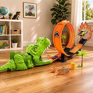 Kit Pista Lança Carrinhos Dinossauro Looping com Carrinho de Metal