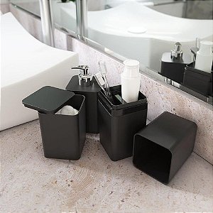 Kit Dispenser para Sabonete Líquido Porta Escovas de Dente e Porta Algodão - Preta