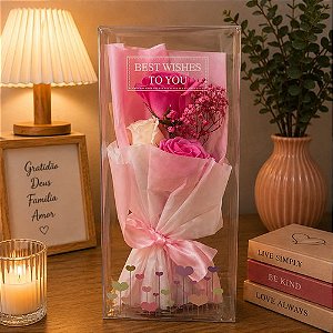 Buquê Decorativo Rosa Com Caixa Transparente - Rosa
