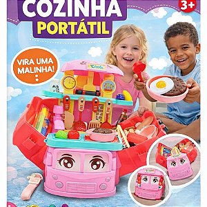 Brinquedo Conjunto Cozinha de Plástico Com Acessórios Maleta ônibus e Food truck