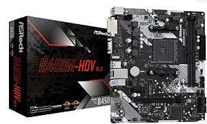 Placa Mãe ASROCK AM4 B450M-HDV R4.0 M-ATX 2XDDR4 DIMM 64GB 2XUSB2.0 4XUSB3.1 HDMI/DVI-D/D-SUB 1XM.2 Rede Giga