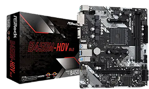 Placa Mãe ASROCK AM4 B450M-HDV R4.0 M-ATX 2XDDR4 DIMM 64GB 2XUSB2.0 4XUSB3.1 HDMI/DVI-D/D-SUB 1XM.2 Rede Giga