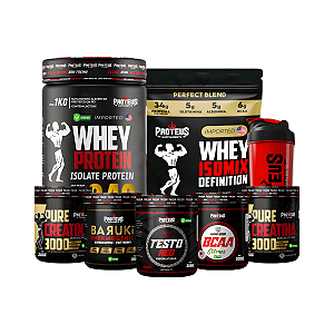 Whey Protein Black 2kg (Pote + Refil) + 100% Pure Creatina 600g + Termogênico Supercoffee 200g + Bcaa 200g + Testo 200g + Shaker
