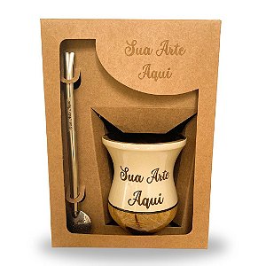 Kit de Chimarrão Personalizado na Caixa - Cuia Madeira Nude  e Bomba Inox