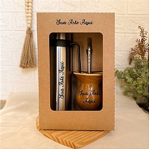 Kit de Chimarrão Personalizado na Caixa - Cuia Porongo, Bomba Inox  e Térmica Madri