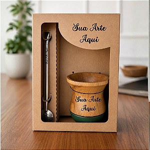 Kit de Chimarrão Personalizado na Caixa - Cuia Madeira Invertida Verde e Bomba Inox